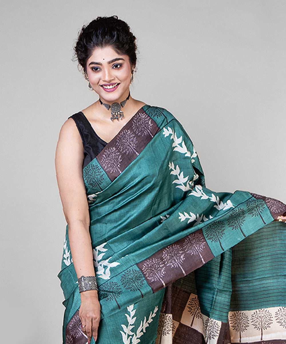 Dark green black tussar silk hand block printed saree