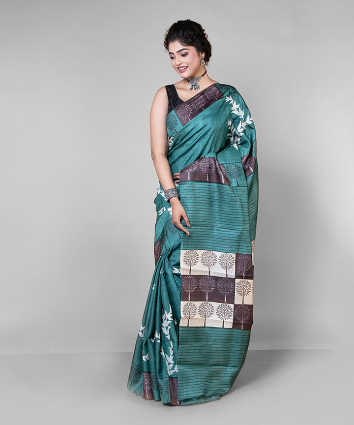 Dark green black tussar silk hand block printed saree