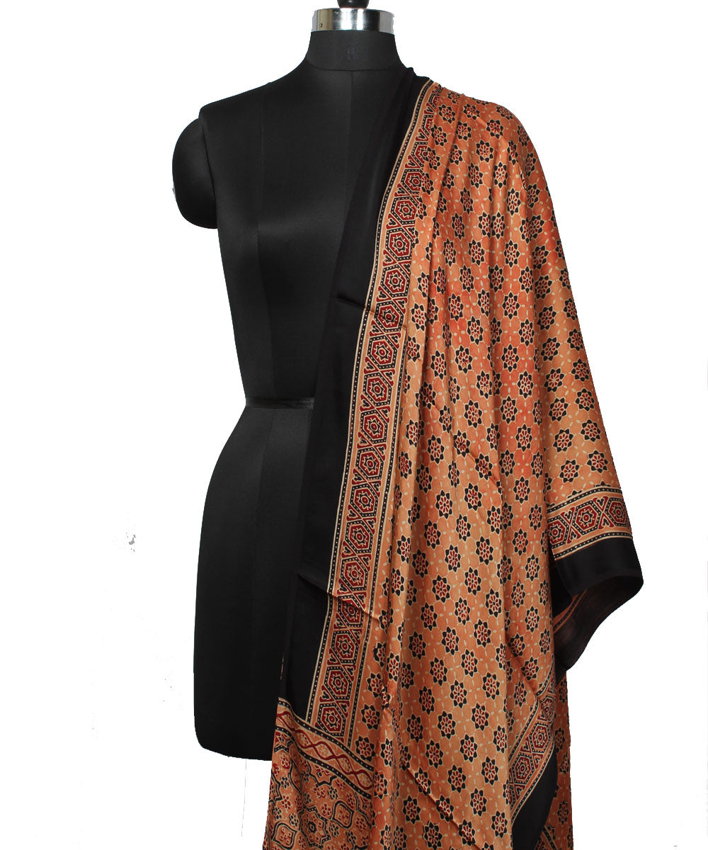 Peach black handloom modal silk ajrakh dupatta