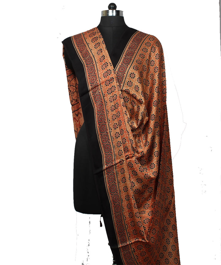 Peach black handloom modal silk ajrakh dupatta