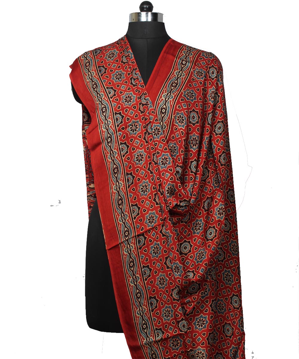 Red brown handloom modal silk ajrakh dupatta