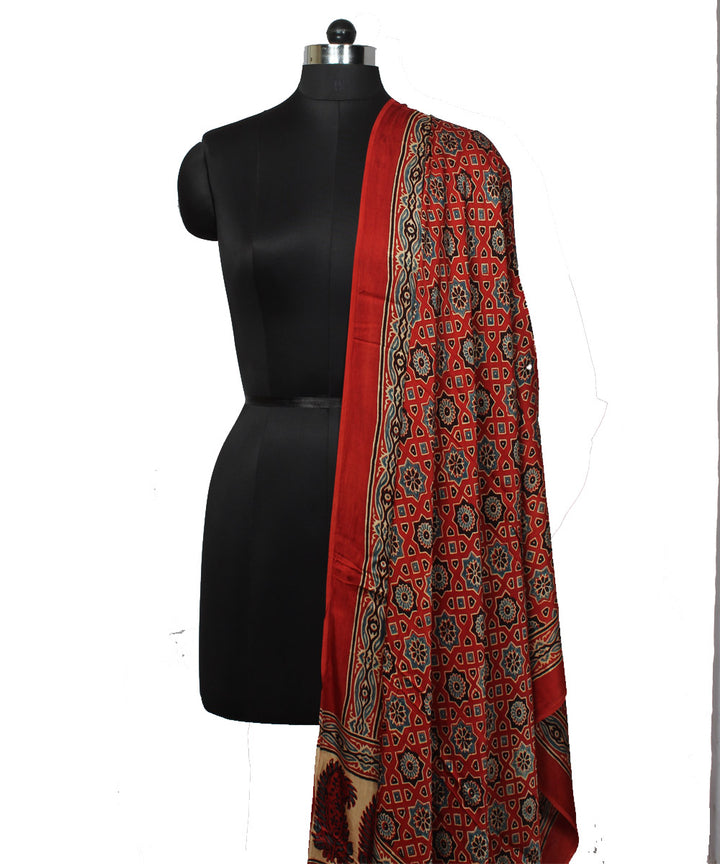 Red brown handloom modal silk ajrakh dupatta