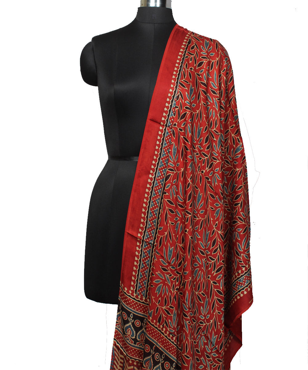 Red black handloom modal silk ajrakh dupatta