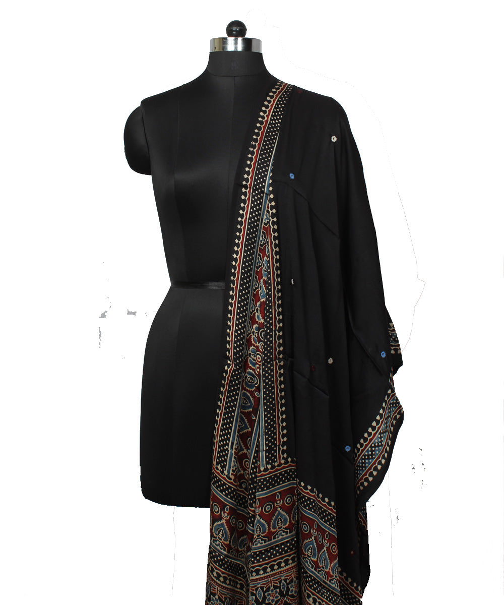 Black brown handloom modal silk ajrakh dupatta