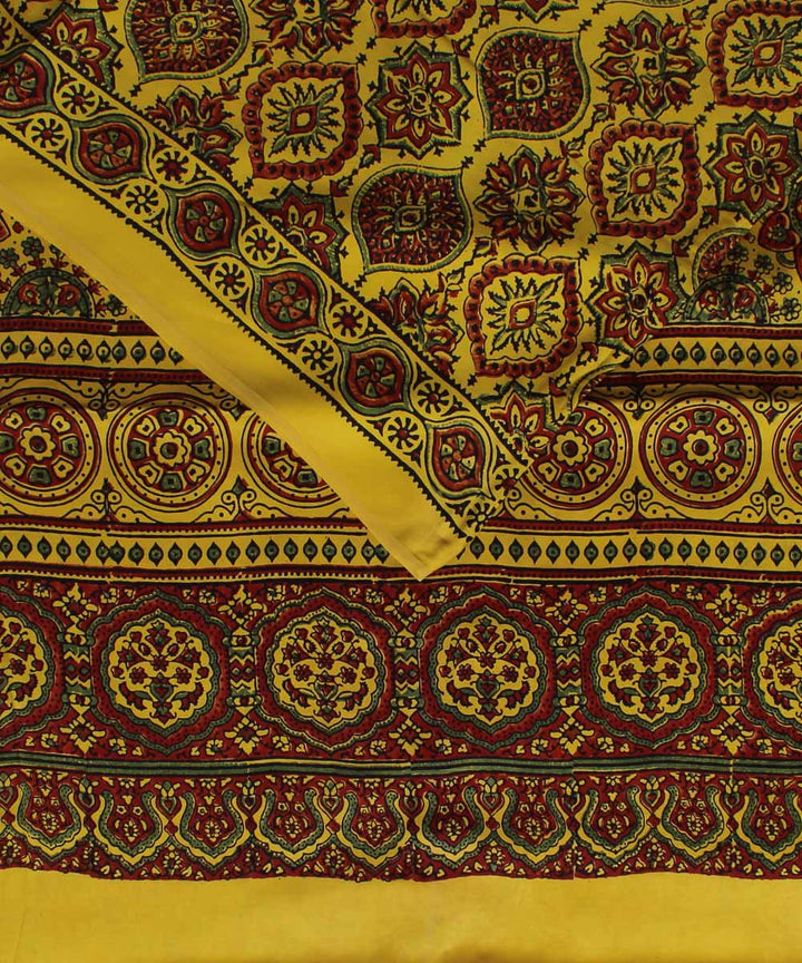 Yellow brown ajrakh modal silk handloom saree