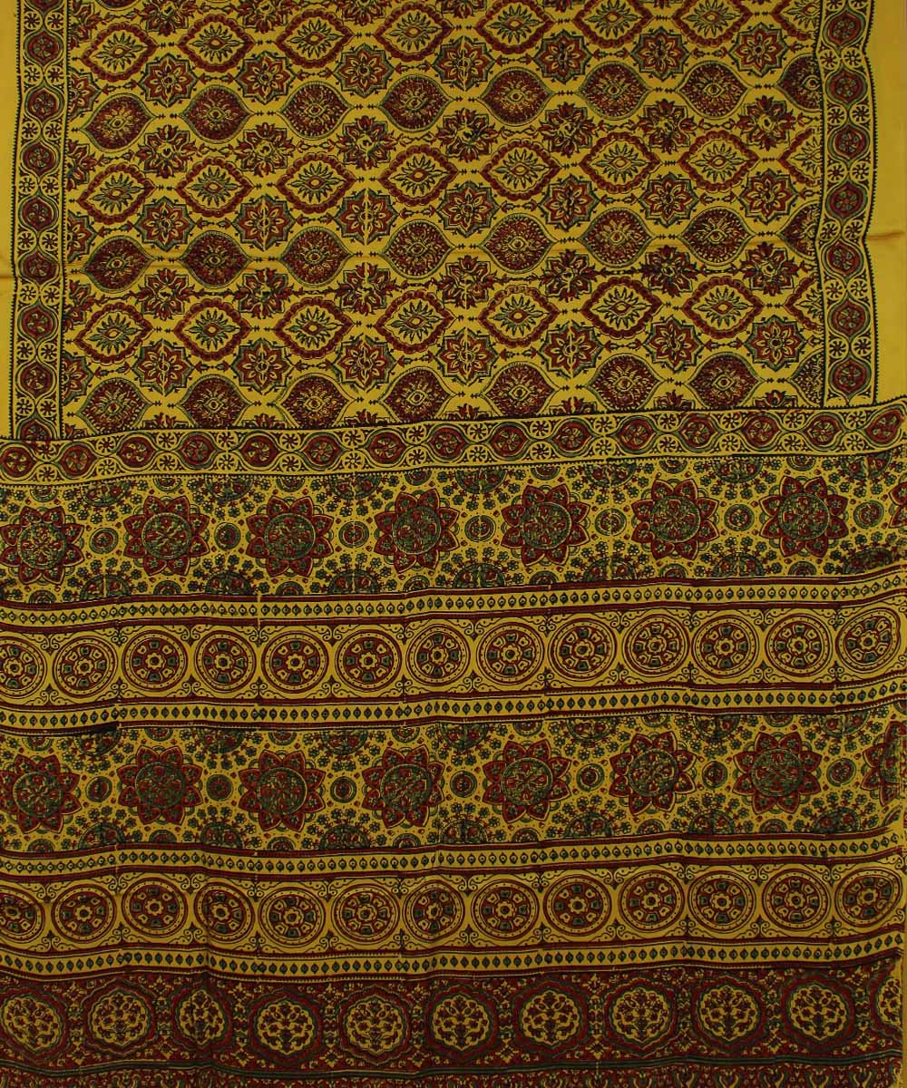 Yellow brown ajrakh modal silk handloom saree
