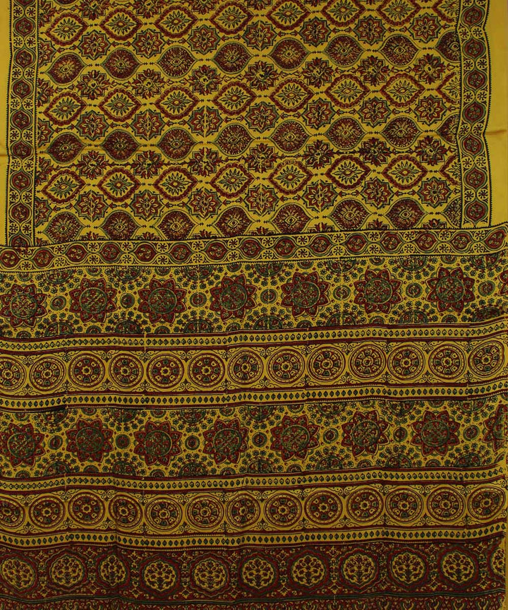 Yellow brown ajrakh modal silk handloom saree