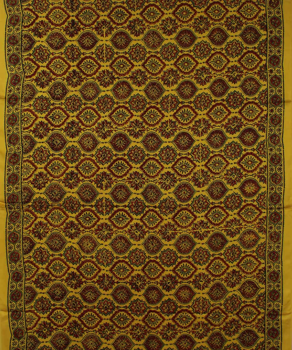 Yellow brown ajrakh modal silk handloom saree