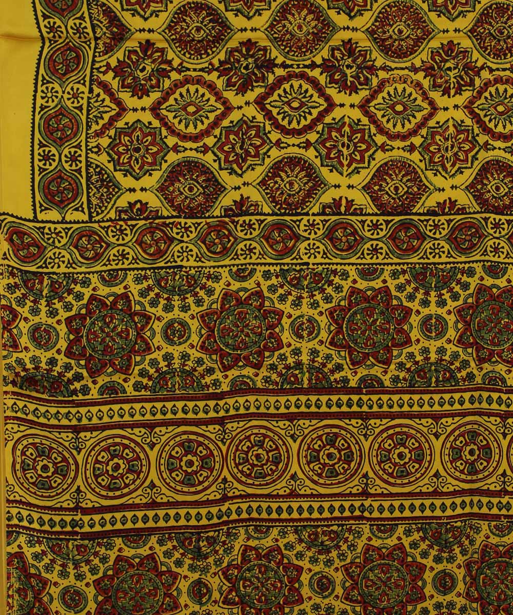 Yellow brown ajrakh modal silk handloom saree