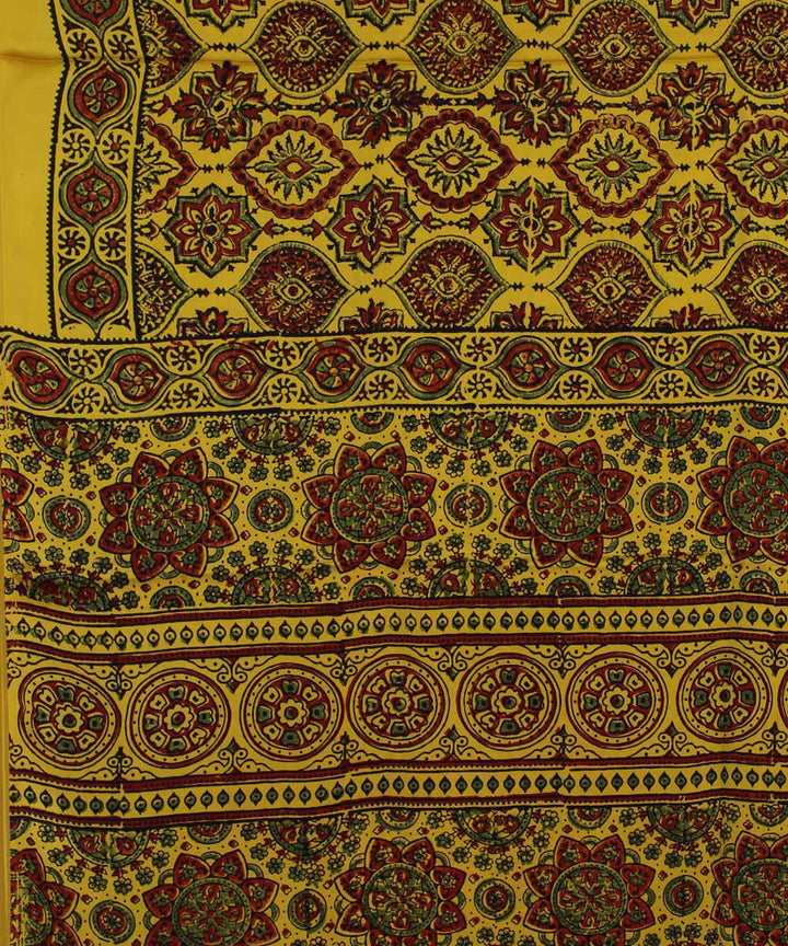 Yellow brown ajrakh modal silk handloom saree