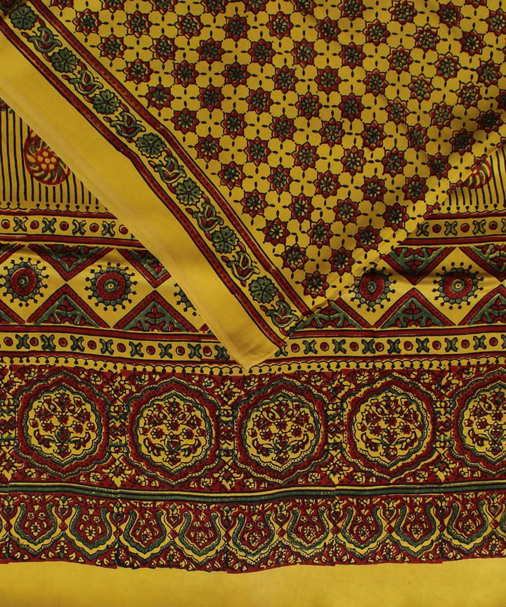 Yellow brown modal silk ajrakh handloom saree