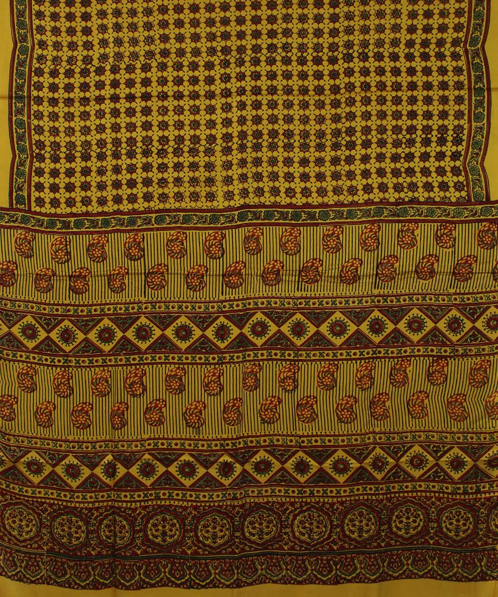 Yellow brown modal silk ajrakh handloom saree