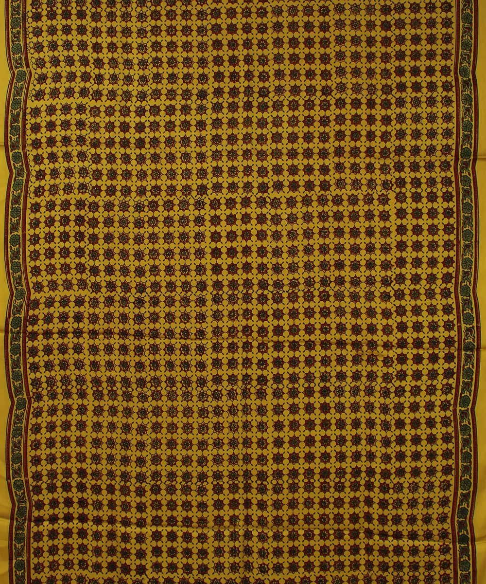 Yellow brown modal silk ajrakh handloom saree