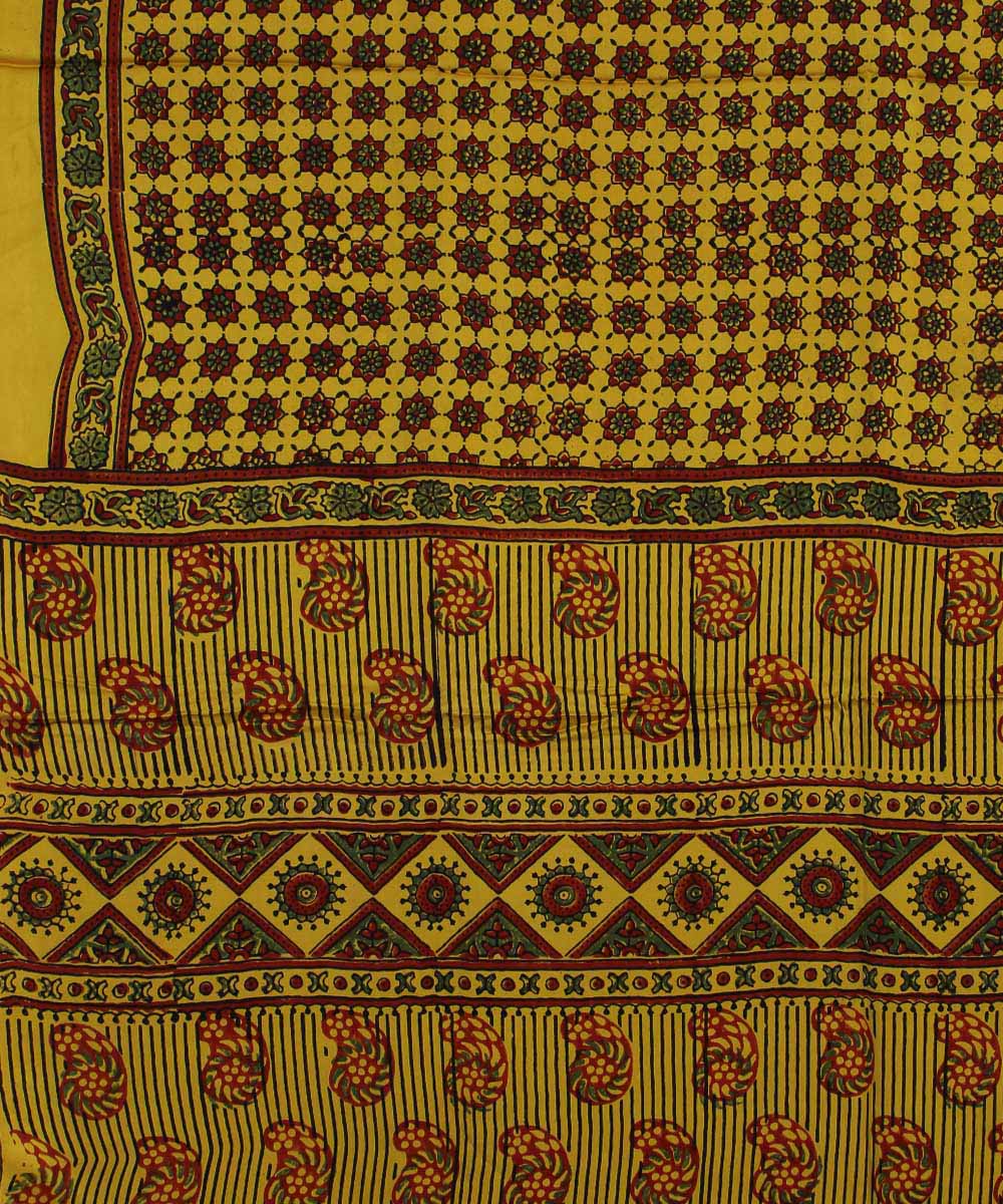 Yellow brown modal silk ajrakh handloom saree