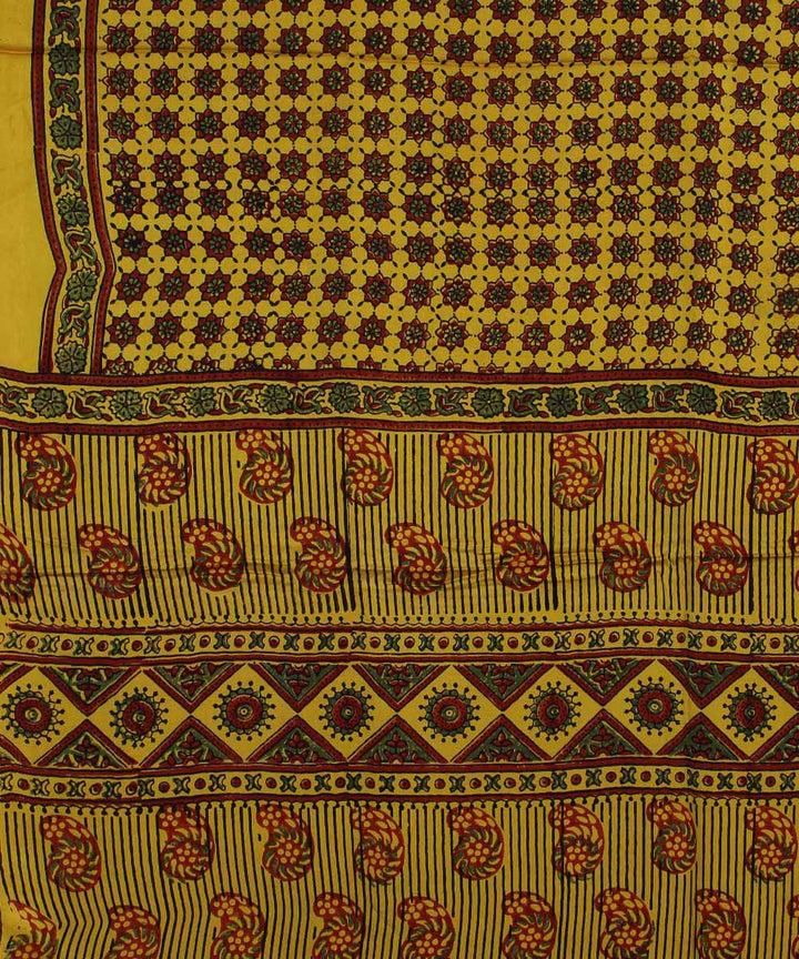 Yellow brown modal silk ajrakh handloom saree