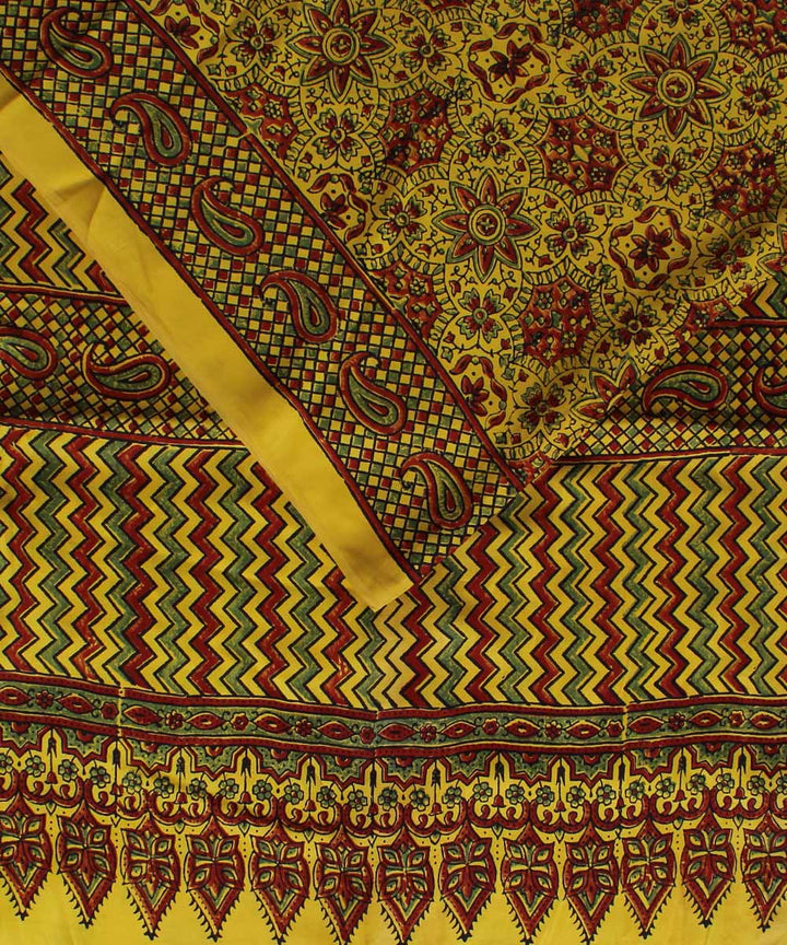 Yellow brown handloom modal silk ajrakh saree