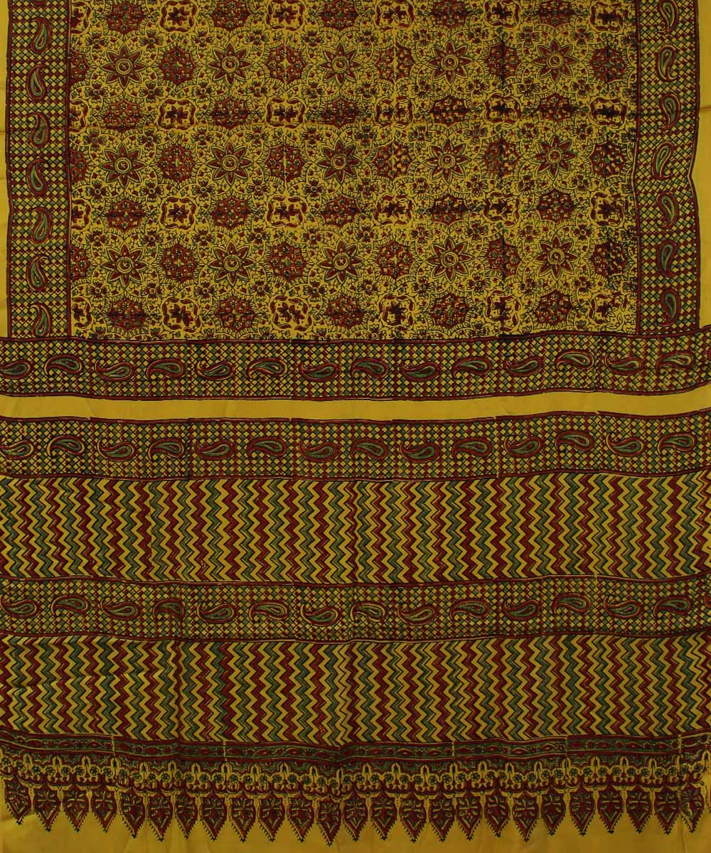 Yellow brown handloom modal silk ajrakh saree