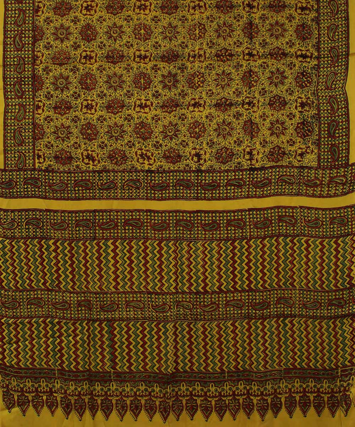 Yellow brown handloom modal silk ajrakh saree