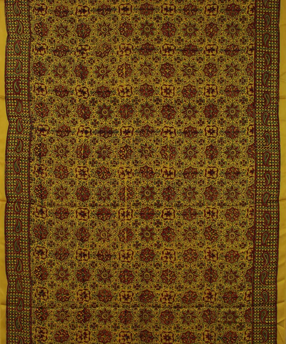 Yellow brown handloom modal silk ajrakh saree