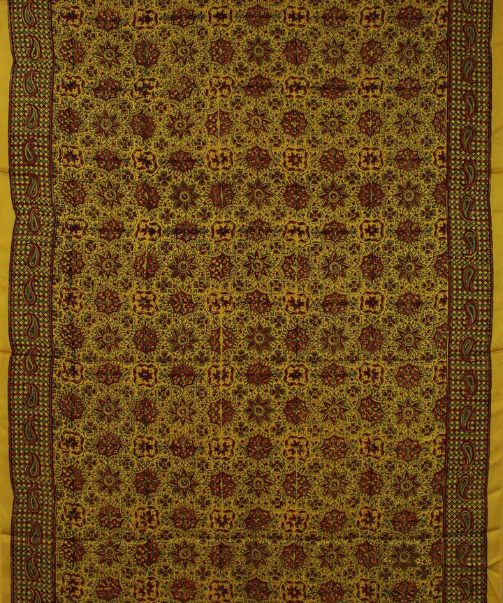 Yellow brown handloom modal silk ajrakh saree