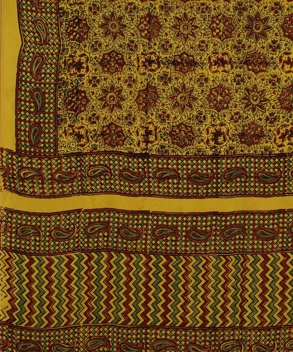 Yellow brown handloom modal silk ajrakh saree