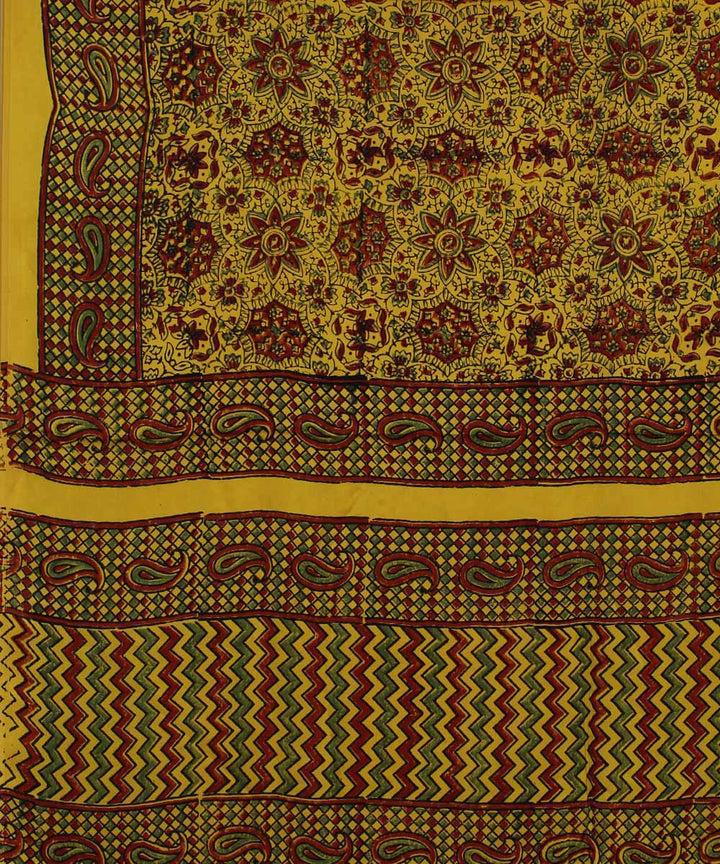 Yellow brown handloom modal silk ajrakh saree