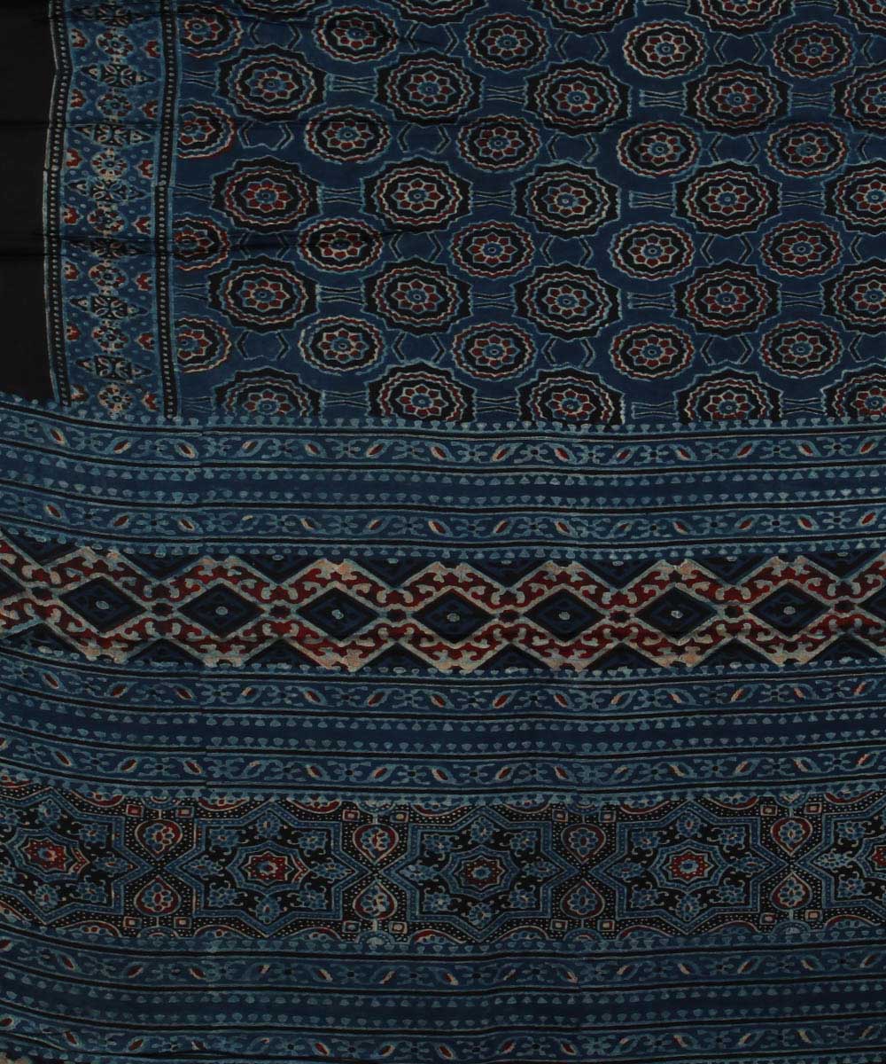 Navy blue black handloom modal silk ajrakh saree