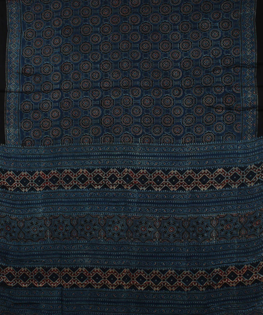 Navy blue black handloom modal silk ajrakh saree