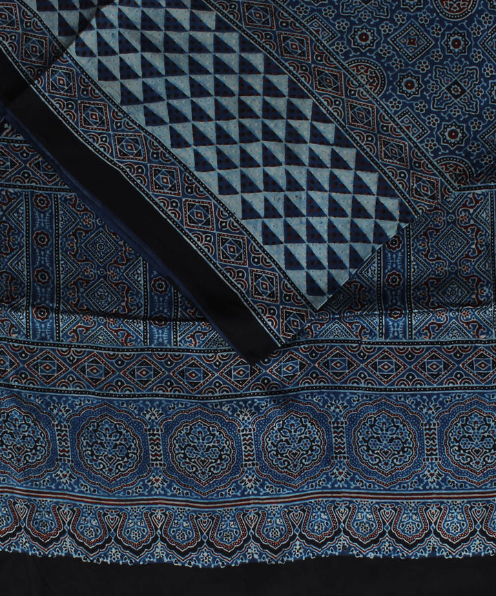 Navy blue black modal silk handloom ajrakh saree