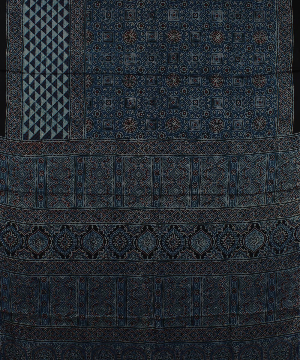 Navy blue black modal silk handloom ajrakh saree