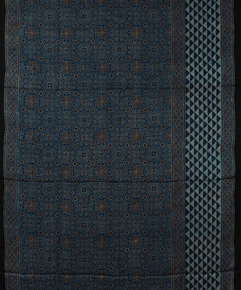 Navy blue black modal silk handloom ajrakh saree