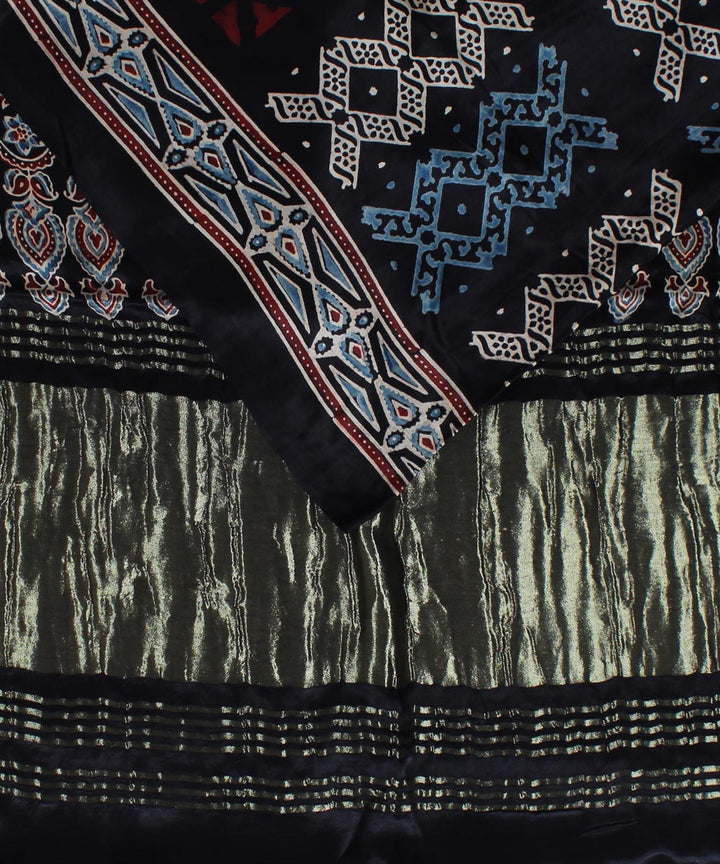 Navy blue brown modal silk handloom tissue pallu ajrakh saree