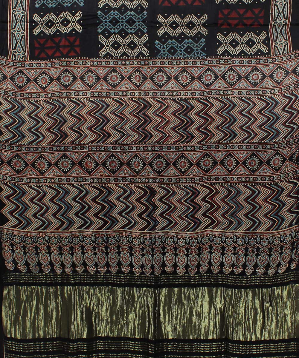 Navy blue brown modal silk handloom tissue pallu ajrakh saree