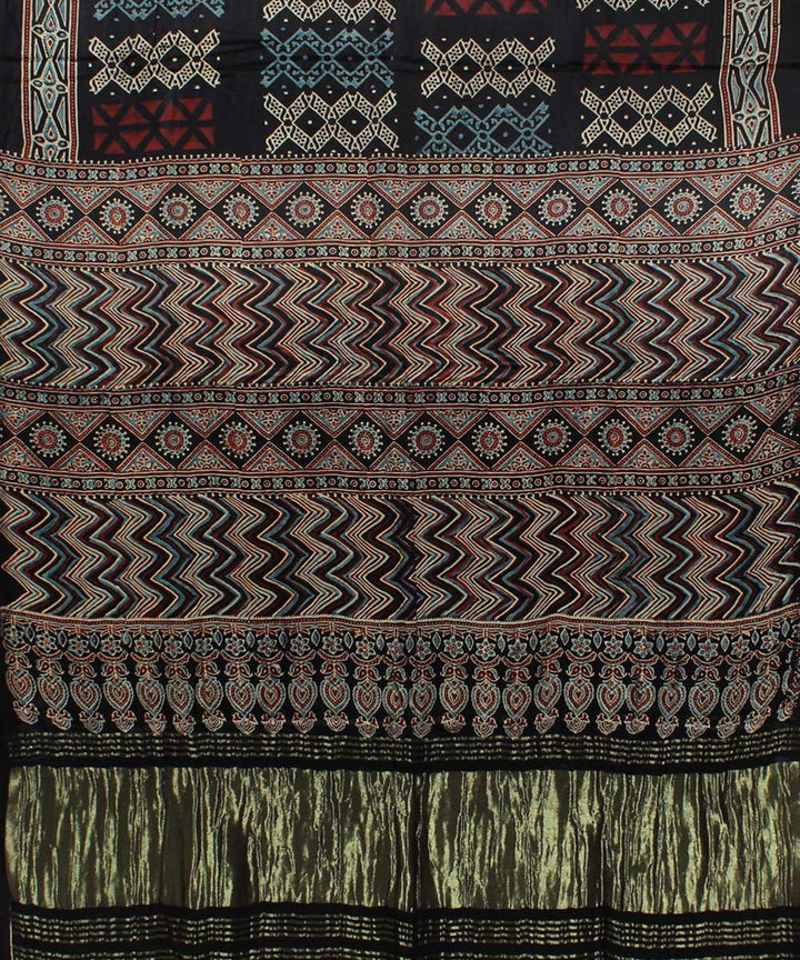 Navy blue brown modal silk handloom tissue pallu ajrakh saree