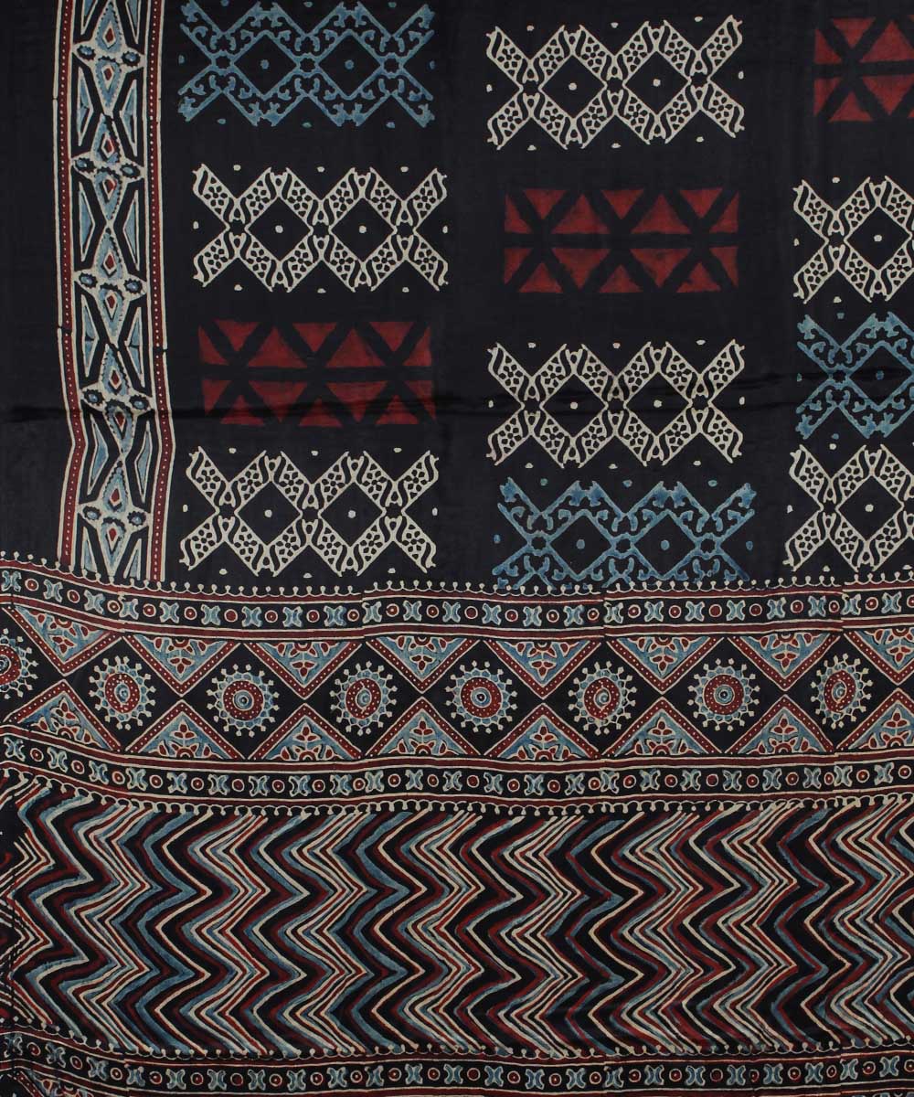 Navy blue brown modal silk handloom tissue pallu ajrakh saree