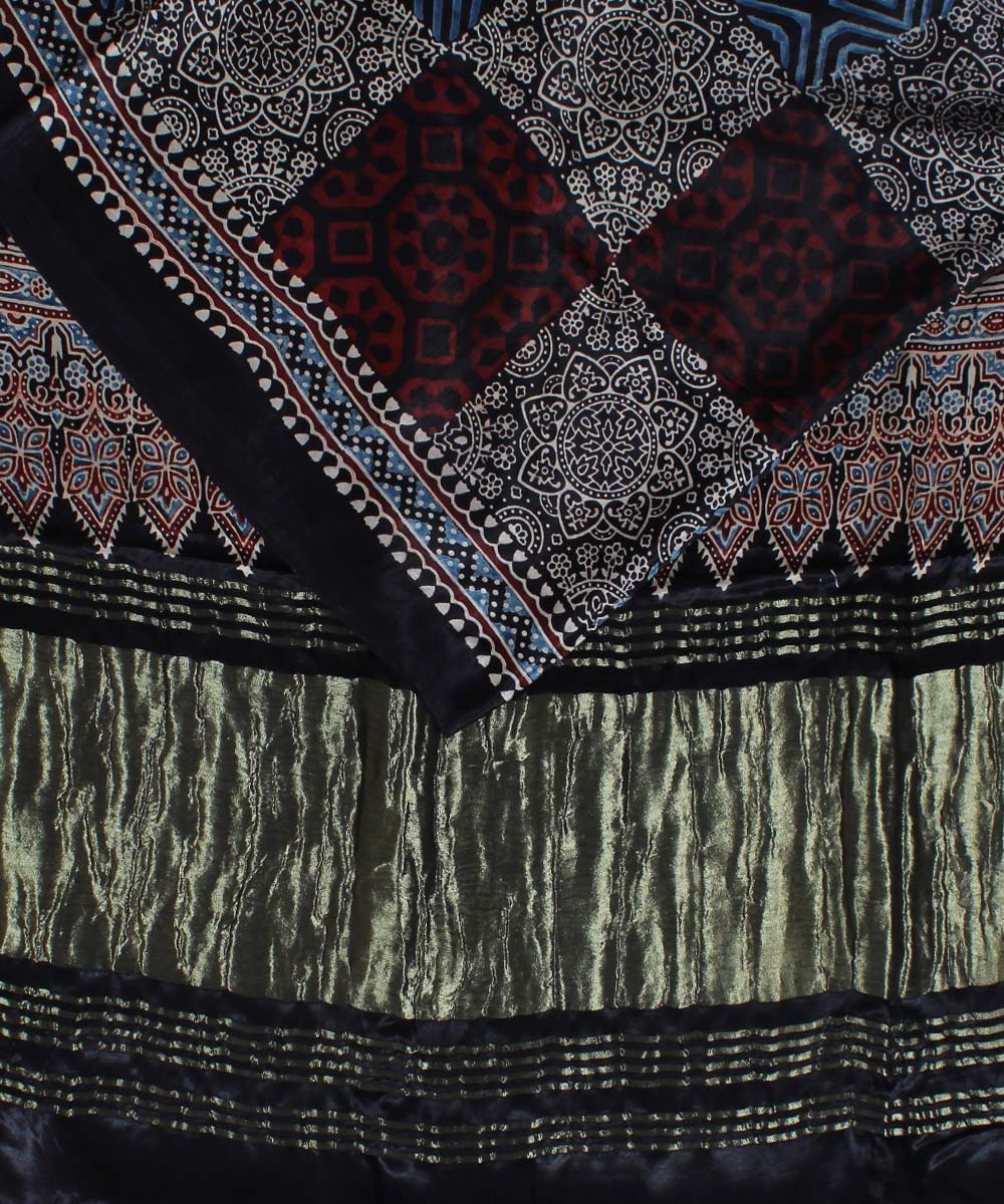 Black blue modal silk handloom tissue pallu ajrakh saree