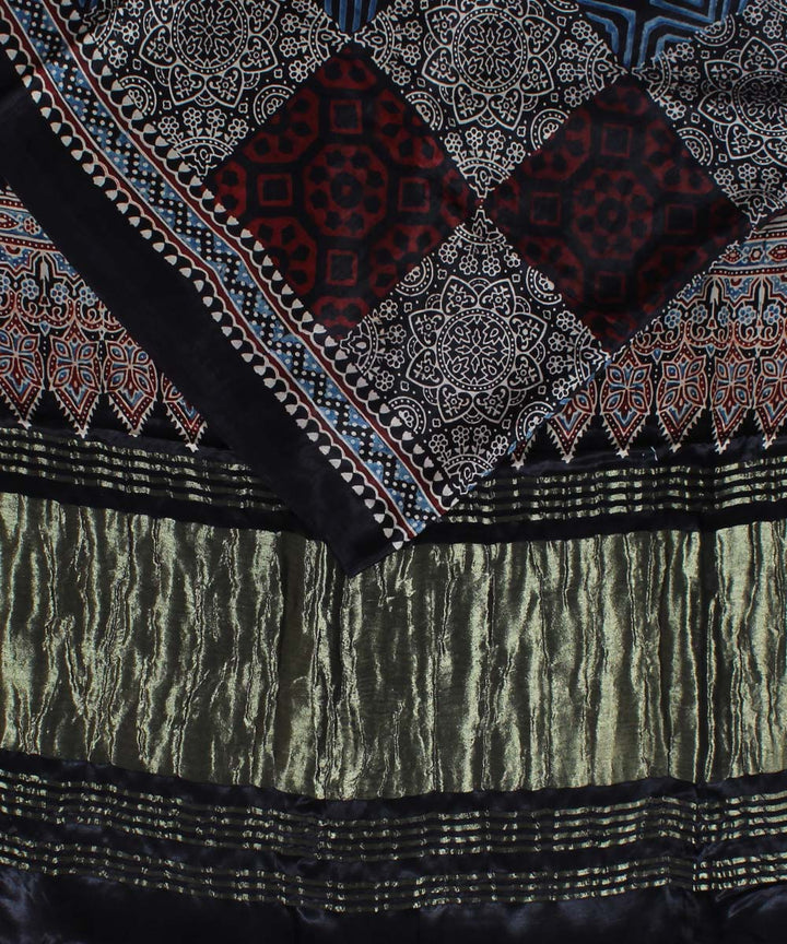 Black blue modal silk handloom tissue pallu ajrakh saree