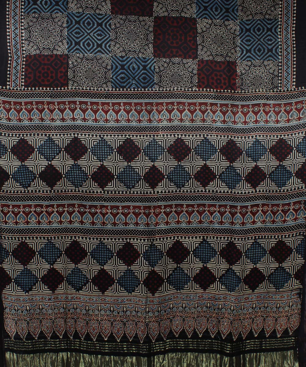 Black blue modal silk handloom tissue pallu ajrakh saree