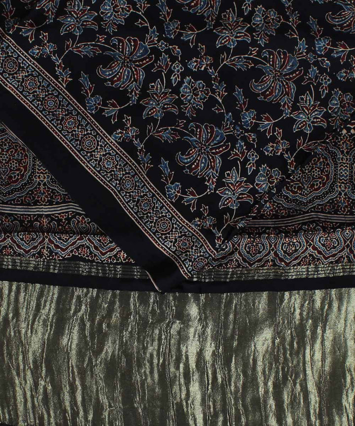 Black brown modal silk ajrakh handloom tissue pallu saree