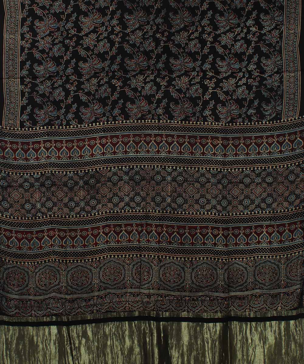 Black brown modal silk ajrakh handloom tissue pallu saree