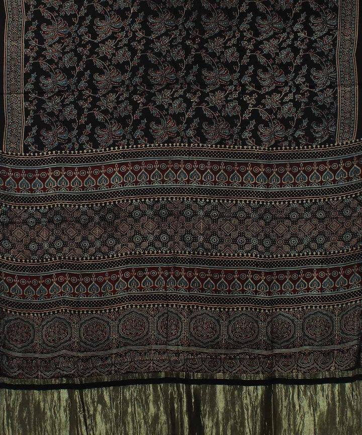 Black brown modal silk ajrakh handloom tissue pallu saree
