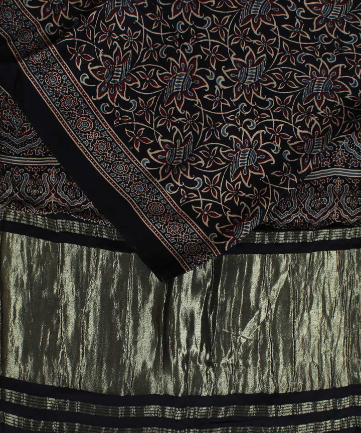 Brown black modal silk handloom tissue pallu ajrakh saree