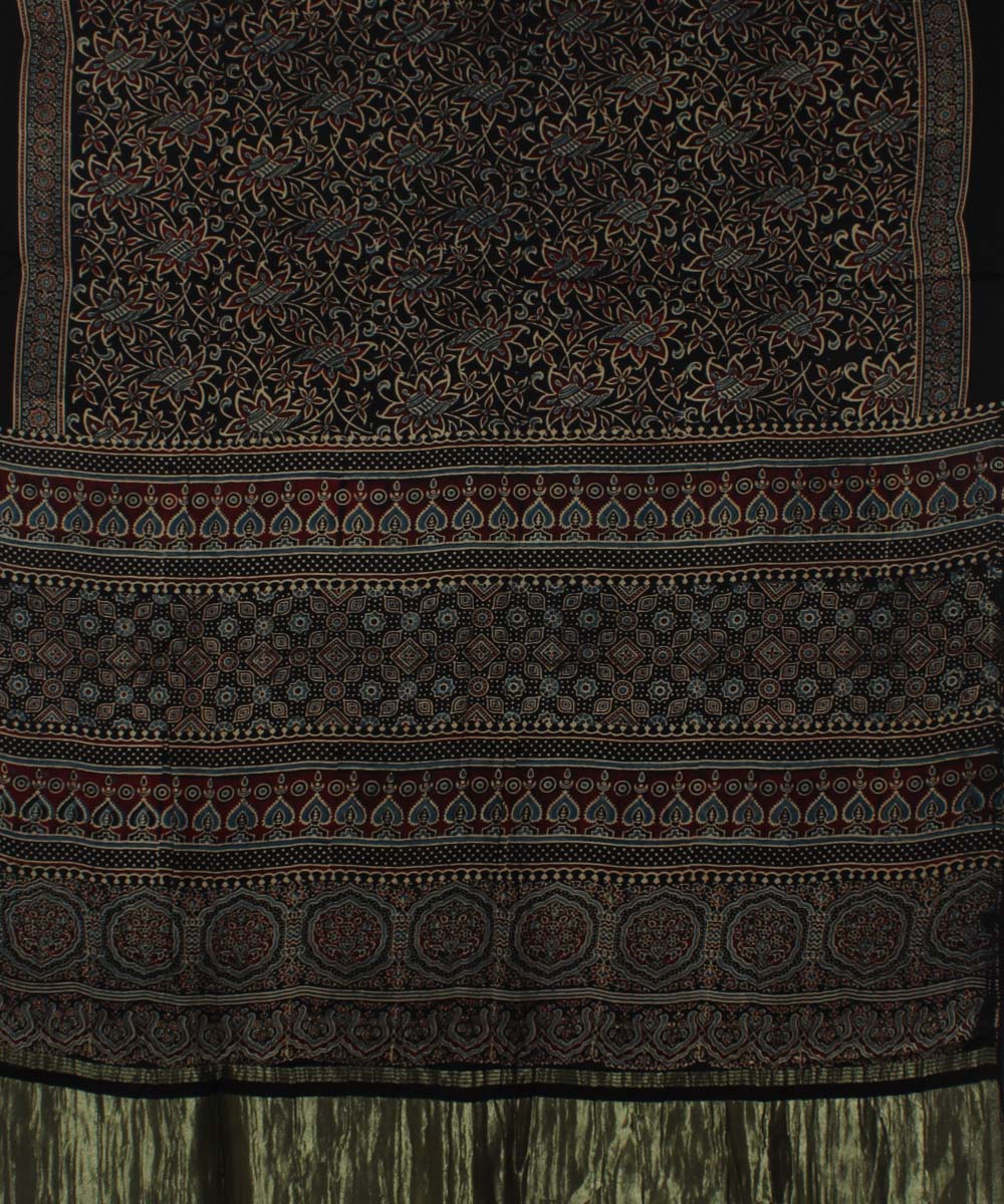 Brown black modal silk handloom tissue pallu ajrakh saree
