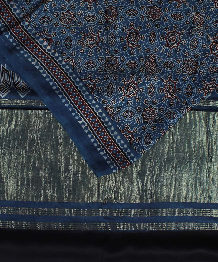 Navy blue black handloom tissue pallu modal silk ajrakh saree