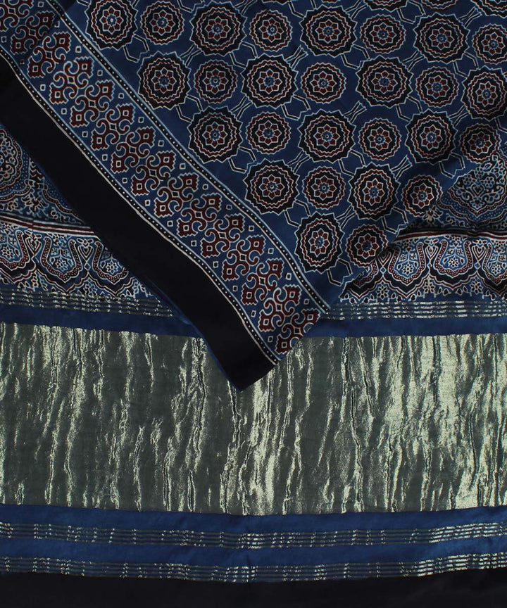 Navy blue modal silk black handloom tissue pallu ajrakh saree