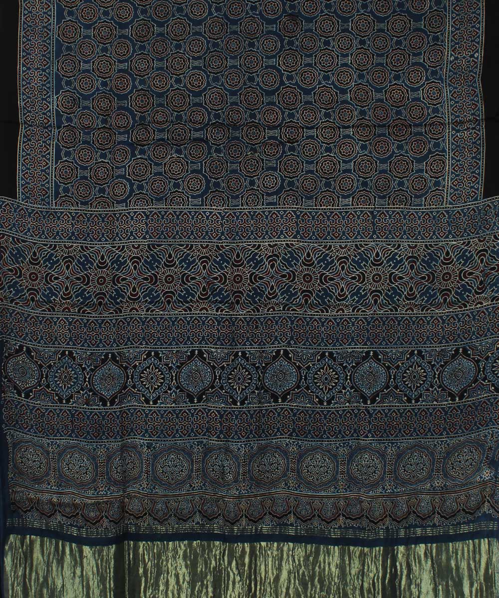 Navy blue modal silk black handloom tissue pallu ajrakh saree