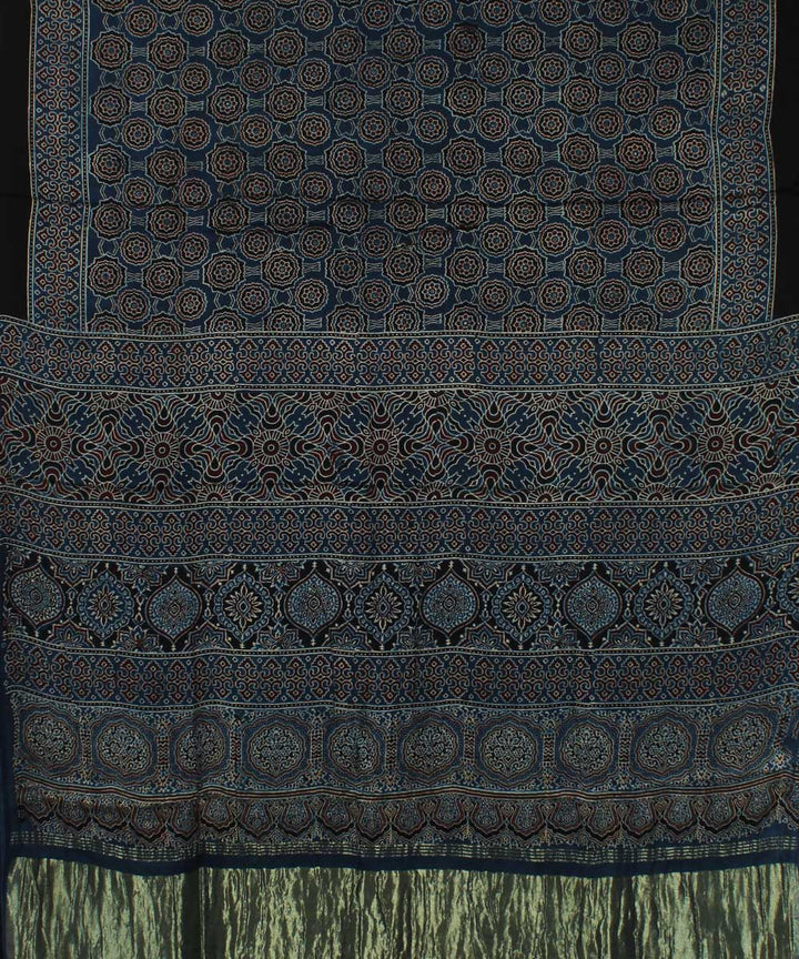 Navy blue modal silk black handloom tissue pallu ajrakh saree