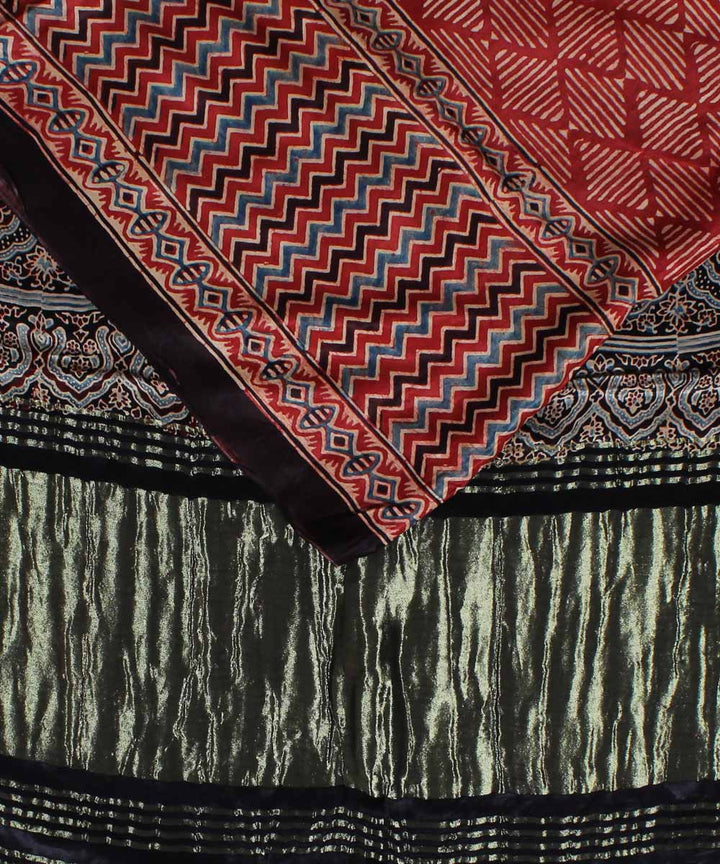 Red black modal silk handloom tissue pallu ajrakh saree