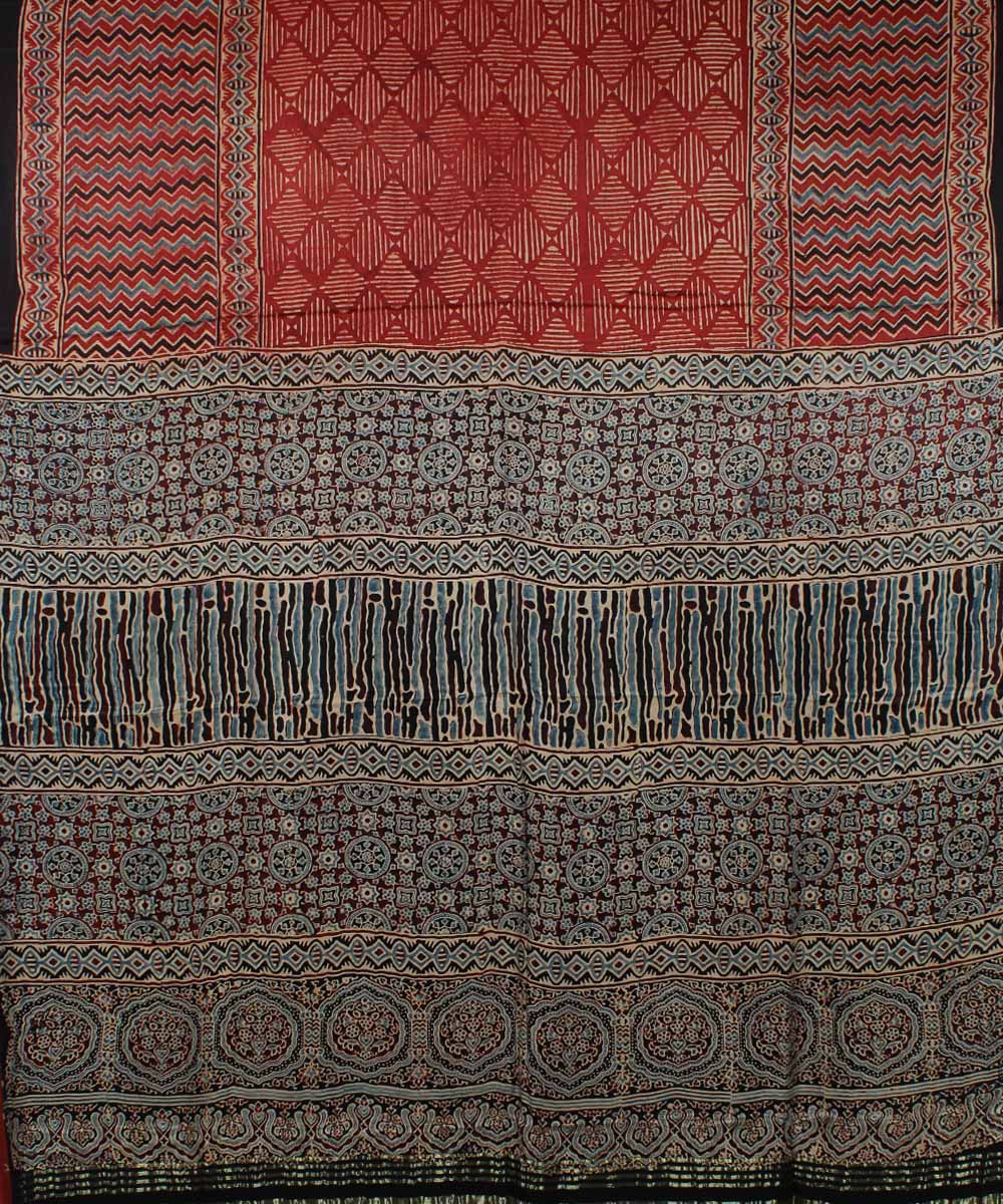 Red black modal silk handloom tissue pallu ajrakh saree