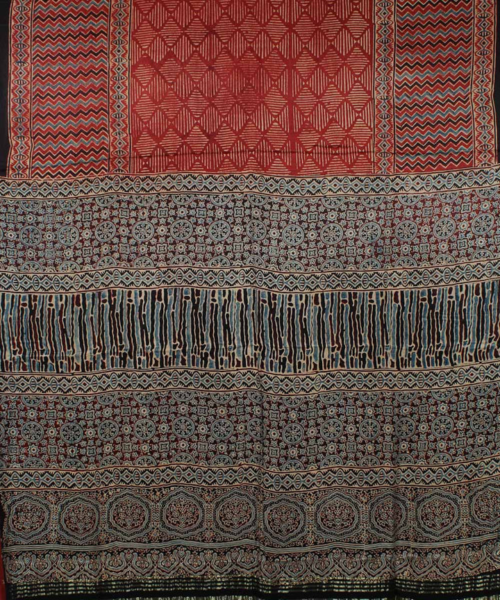 Red black modal silk handloom tissue pallu ajrakh saree